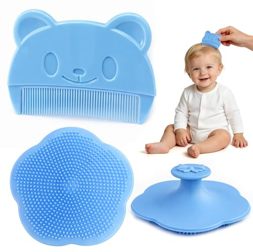 Baby Hair Brush, Cradle Cap Brush Treatment for Baby, Soft Scalp Massager Shampoo Brush and Baby Comb Set for Newborns & Toddlers (Blue)