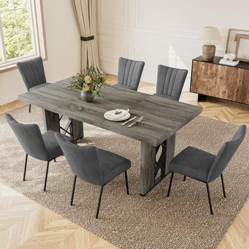 JIEXI Esstisch-Set mit 6 grauen Samtstühlen, 180 x 80 cm | pflegeleicht, modern für Küche, Esszimmer, Wohnzimmer