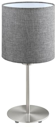 EGLO Tischlampe Pasteri, Deko Tischleuchte Textil | Nachttischlampe aus Metall in nickel-matt und Stoff in grau, Lampe für Wohnzimmer und Schlafzimmer, E27 Fassung