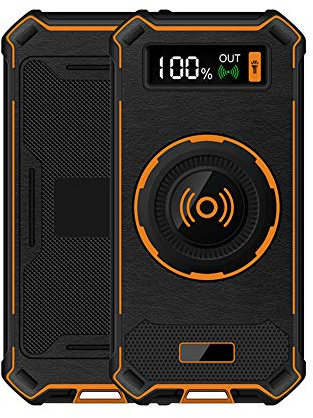 Qi Wireless Power Bank, 10000mAh Fast Qi Wireless Charger with Dual Input/USB, Outdoor Hook and LED Flashlight Compatible iPhone XS/XR/XS Max/8/8 Plus and Qi-Enabled DeviceMore, Black+Orange