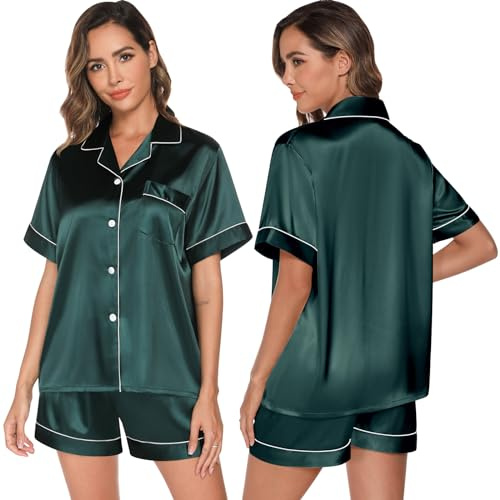 GAESHOW Pyjamasset för kvinnor, pyjamas i satin och siden, tvådelat set med kortärmad tröja med knappar och shorts, sovkläder, myskläder, storlek S–2XL, gRÖN, S