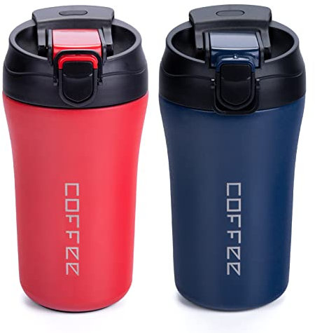 XIAPIA Thermobecher Kaffeebecher To Go 400ml 2er Set, Edelstahl Auslaufsicher Reisebecher mit Strohhalm, Doppelwandig Isolierbecher für Kaffee Tee Glühwein, Heiß und Kalt, Rot & Blau