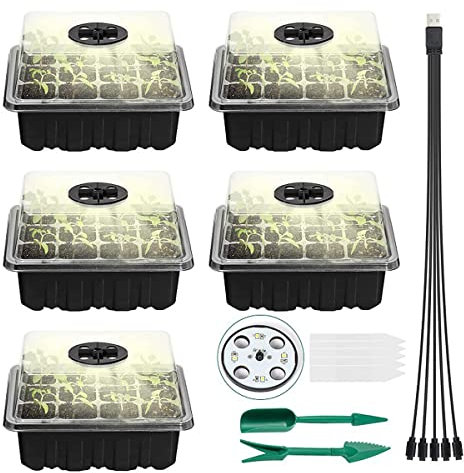 5pcs Seedling Starter Tray Humidity Dome, Seed Starter Tray with Grow Light, Base Greenhouse Germination Kit, Indoor Gardening Plant Germination Trays, for Seed Growth, 12 Cells per Tray(Color:black)