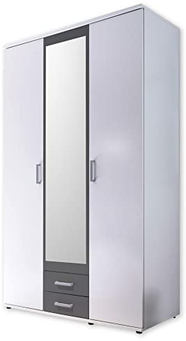 Stella Trading HANAU Kleiderschrank mit Spiegeltür in Weiß, Graphit - Vielseitiger Drehtürenschrank 3-türig für Ihr Schlafzimmer - 120 x 196 x 54 cm (B/H/T)