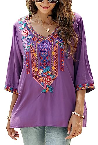 Seasonal Bohemian Embroidery Mexican Tops Women's Summer Boho Shirts Hippie Peasant 3/4 Sleeve V Neck Blouses Tunic (328-Purple, XL)