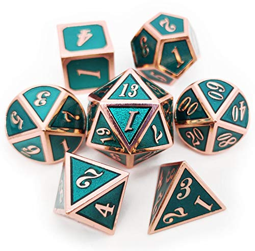 Haxtec Metall D&D Würfel Set mit Lederbeutel | Copper Teal 7-teilig Polyederwürfel mit Leder Würfel Tasche, Geschenk für Dungeons und Drachen TTRPG Spieler & Dungeon Master
