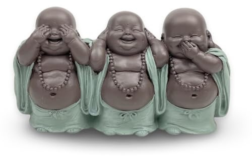 Figura de 3 Bonzes Sabiduría – Decoración Zen y Feng Shui – para Crear un Ambiente Relajante y Espiritual – Idea de Regalo de Amuleto – Ancho: 15,5 cm – Color: Verde y marrón – Zen'Light