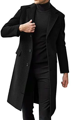 Chaqueta Hombre Invierno Largo Abrigo Hombre Invierno Lana Abrigo Slim Largo Chaqueta Hombre Business Invierno Trench Coat Moda Chaqueta de Transición, Negro , XXXL