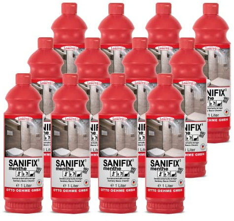 Lorito Sanifix Menthe Sanitärreiniger, 12x 1 Liter Konzentrat, Duftreiniger für säurebeständige Oberflächen, Entfernung von Urin, Kalk, Fett und Öl