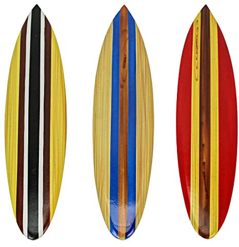 Zeckos Set mit 3 handgefertigten Holz-Surfbrett-Wandskulpturen: rot, blau, braun, Rennstreifen, jeweils 40,6 cm lang, einfache Installation, perfekt für Strand-Themen-Heimdekoration