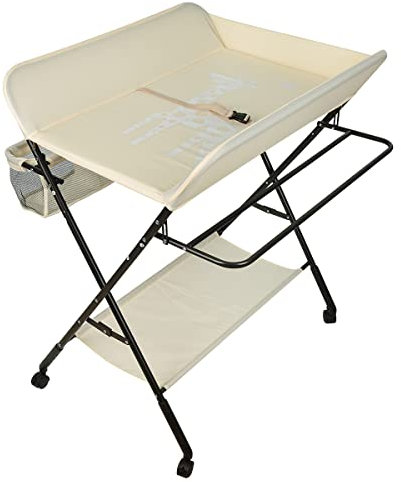 THINFAR Wickeltisch, klappbar, Wickeltisch mit Aufbewahrungskorb, Sicherheitsgurt und 4 Rollen mit Bremse, höhenverstellbar 80 x 66 x 98 cm (Beige)