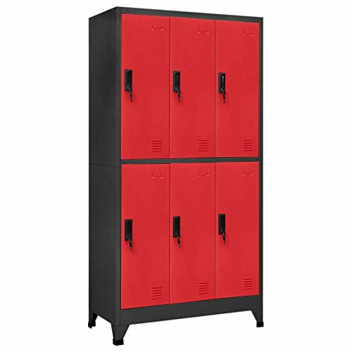 Yolola Spind Schließfachschrank Metallschrank Fächerschrank Schließfachschrank mit 6 Fächern Stahl Fächern Metallspind Umkleideschrank 90x40x180 cm Anthrazit und Rot