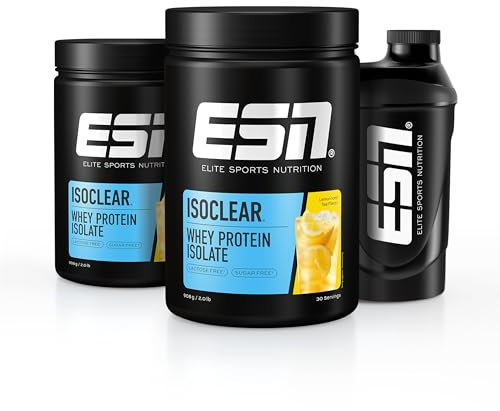 ESN ISOCLEAR Whey Isolate Protein Pulver, Lemon Iced Tea, 2 x 908 g + Gratis Shaker, Proteinlimo mit fruchtig leckerem Geschmack, clear Whey - made in Germany