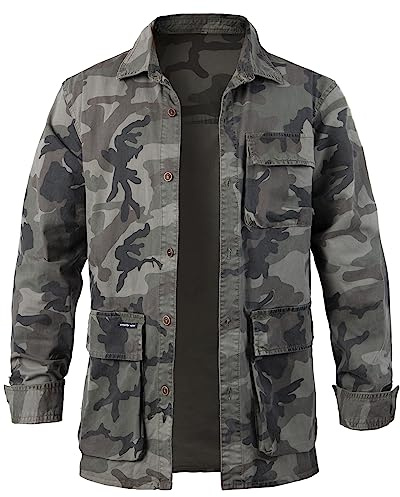 Harbrosrce Camicia Uomo Estiva Manica Lunga Vintage Mimetico Cotone Resistente Giacca Estiva Casual Maglia da Trekking