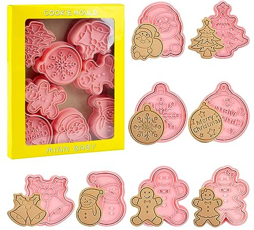 Christmas Cookie Cutter, 8 Pcs Christmas Biscuit Cutters, 3D Christmas Cookie Stamp- Gingerbread Man, Bells, Snowman, Merry Christmas, Snowflake, Christmas Tree, Santa for Cookie Baking