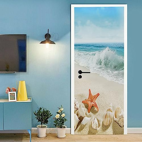A.Monamour Türtapete Selbstklebend Türfolie Türposter 3D Plätschernde Wellen Am Strand Mit Seesternmuscheln Und Muscheln Vinyl Folie Türdeko Tapete Wandbild Türaufkleber Türtattoo 77x200cm