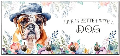 Cadouri Design-Hundegarderobe mit Englischer Bulldogge - Leinenhalterung für Halsband, Leine & Geschirr - originelles Geschenk für Hundebesitzer - handgefertigt