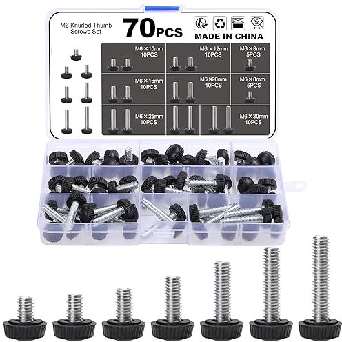 Lot de 70 vis moletées M6 filetées en carbone - Vis de montage - Boutons de poignée - Boulons de serrage ronds - Colliers de serrage pour types de supports et de machines (C)