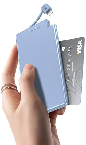 Auskang Powerbank 5000mAh Delgada 6.8mm, Cable iPhone Integrado para iPhone 14 y anteriores, No para USB-C,bateria portatil para Viajes, bateria Externa- Azul