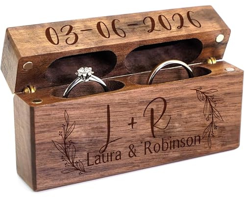 Auchic Double Ring Box - Engraved Slim Wooden Ring Case Box for Wedding Ceremony Engagement Proposal Ring Bearer Box - Anniversary Birthday Gift Ideas (Design 09)