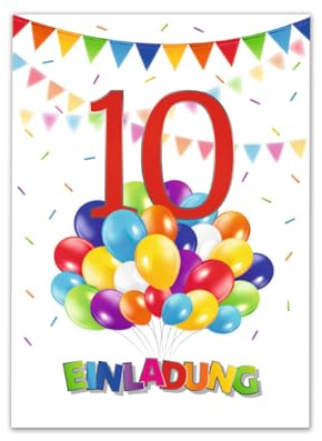 Junaversum 10 Einladungskarten zum 10. Kindergeburtstag Jungen Mädchen Luftballons Einladungen zehnte Geburtstag Kinder