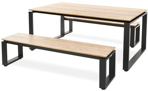 di volio Gartenmöbel-Set Aluminium mit 2 Gartenbänken Outdoor Garten Trento | Esstisch, Kunstholz, Nivellierfüße, korrosionsbeständig, pflegeleicht, UV-beständig, Terrasse, Balkon