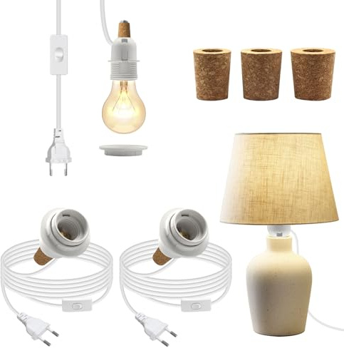 2 Stück E27 Fassung mit Kabel und Schalter, 240 cm Flaschenadapter Kit Weiß, LED Endstück, Lampenschirm für Flaschen, 3 Arten von Flaschen