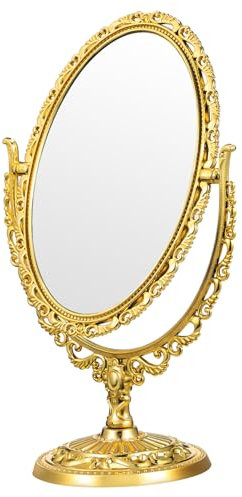 PLAFOPE Schminkspiegel Gold Vintage Für Schlafzimmer Kosmetikspiegel Mit Doppelseitigem Ovalen Spiegel Retro-Design Europäischer Stil Für Zuhause Und Bad