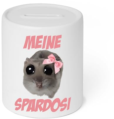 Lustige Spardose | Hamsti - Meine Spardosi | Mit Meme Hamster-Motiv und rosa Schleife | Hochwertige Keramik Spardose als Geschenkidee