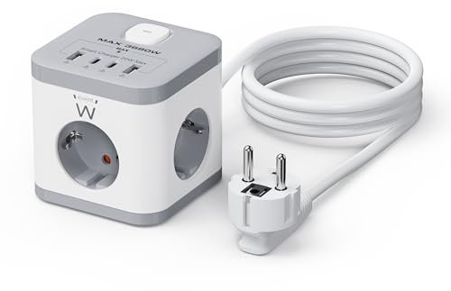 Ewent Multipresa Elettrica 7-in-1, Presa Multipla Cubo 3680W con 2 Prese USB-C e 2 Prese USB e 3 Prese Schuko, Ciabatta Multipresa Schuko 16A con Interruttore, Cavo 1.5m, per Elettrodomestici e Phone
