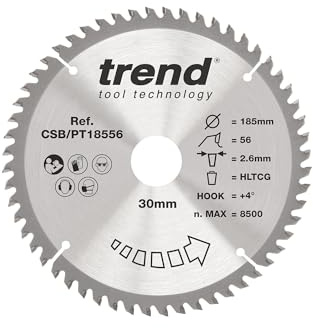 Trend Laminat- und HPL-Kreissägeblatt, 185 mm Durchmesser, 30 mm Bohrung, 56 Zähne, 2,6 mm Schnittfuge, +4° Haken, TCT, superfeine Oberfläche, CSB/PT18556
