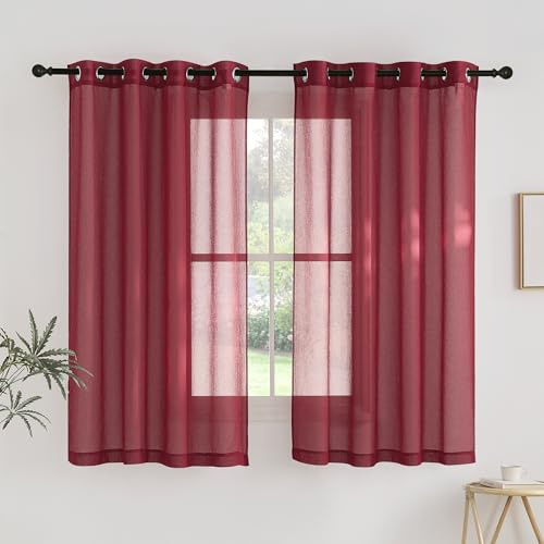 PONY DANCE Voile Gardinen Kurz Schlafzimmer Vorhang Transparent Ösen | Rot,H160 x B140 cm,2er Set,Vorhang Durchsichtig Küche,Sheer Curtains Living Room,Sanfte Lichtfilterung,Luftig