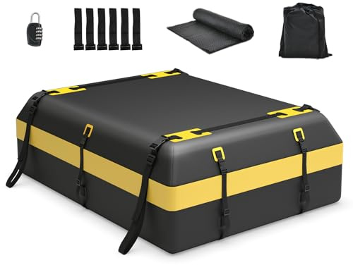 SOARS Box Tetto Auto 600 Litri, Portapacchi Auto Tetto 100 X 130 X 44 CM, Impermeabile con Tappetino Antiscivolo e Borsa per il Trasporto, Porta Bagagli Universale per Auto, SUV (Nero+Giallo-600L)
