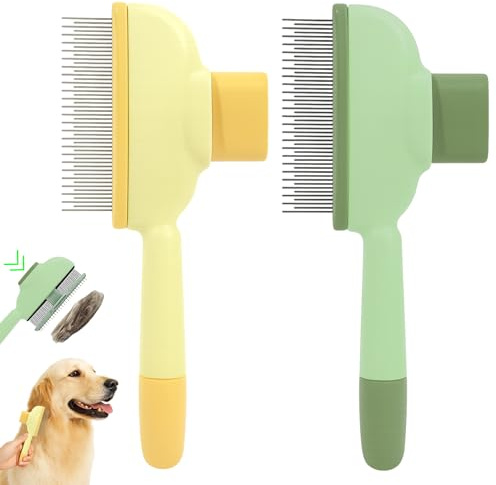 BONSELEM Lot de 2 brosses auto-nettoyantes pour chat et chien, bouton de déclenchement, toilettage sous-poil et puces, adaptée aux poils longs et courts