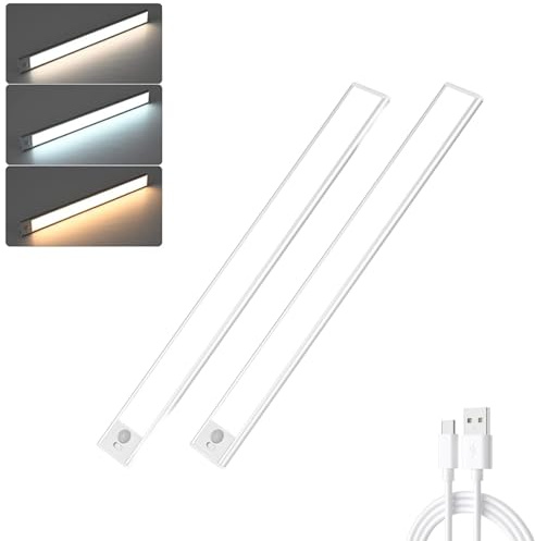 Bizcasa 30CM Luz de Armario,Recargable Luces Cocina Sensor de Movimiento,3 Colores,Regulables Niveles,Lamparas Magnetica Pared Barra Light Iluminacion Inalambrica para Armario,Escalera,Cocina,Sótan