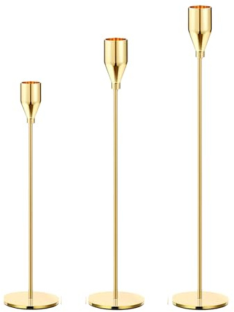 Kerzenständer 3 Stück für Stabkerzen, Kaminsims Helles Gold Kerzenhalter Set für 3/4 Stab- und LED-Kerzen, Zartes stilvolle Kerzendeko für Hochzeit/Party/Abendessen/Jubiläum