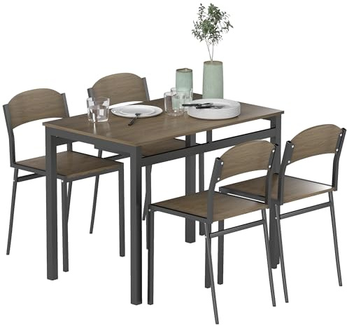 HOMCOM Juego de Mesa y Sillas de Comedor Marco Metálico Marrón Oscuro Negro