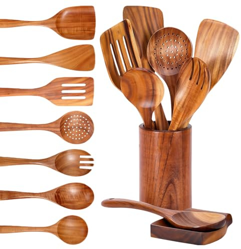 Kochlöffel Set Holz, 9 Stück Holz Kochbesteck Set mit Halter Pfannenwender Kochlöffel Schöpfkelle Nudelheber Servierlöffel Sieb, Holzutensilien zum Kochen Set