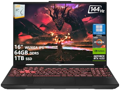 ASUS TUF A16 Gaming Laptop | 16 WUXGA IPS 144Hz | AMD 6-Core Ryzen 7 7445HS | 64GB DDR5 1TB SSD | NVIDIA GeForce RTX 4050 (194 AI Tops) | Backlit Keyboard USB 4 Wi-Fi 6 Win11 Pro w/DLCA Accessory