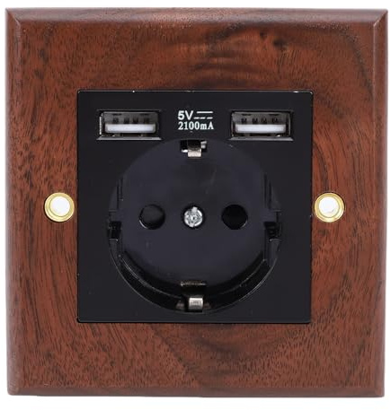 Oreilet Prises USB, Prise Décorative en Panneau de Bois de Noyer, Prise Murale électrique 16 A avec Deux Ports USB, Prise Murale pour Chambre à Coucher, Plaque Murale Incluse