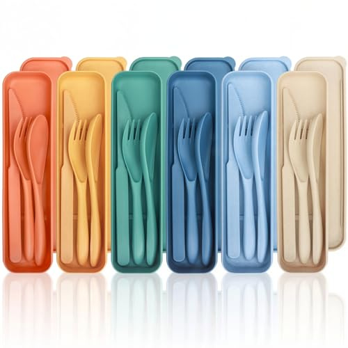 Wrova Reusable Cutlery Set for 6 People - 24-Piece Plastic Camping Cutlery | Unbreakable Travel Cutlery Set with Case - Knife Fork Spoon Set, Portable Camping Utensils, Dishwasher Safe - Multicolors