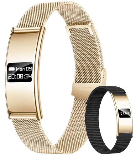 Pulsera Inteligente de Rastreo Fitness para Mujeres: Impermeable IPX8 Smartwatch Agua Monitor 24/7 Actividad Ritmo Cardíaco y Sueño Batería 7 Días 2 Correas Nylon+Acero Dorado para Android y iPhone