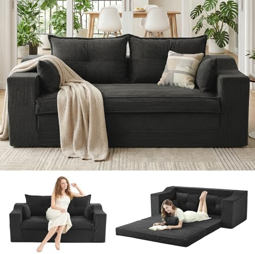 APICIZON Schlafsofa, 2-in-1 Boneless Couch, Bodensofa mit Kissen, 3 Sitzer Sofa Bed mit Schlaffunktion, Klappbare Matratze für Wohnzimmer, Schlafzimmer, Gästezimmer (Cord-Dunkelgrau, 177 cm Breit)
