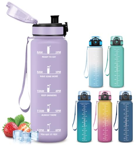 Mujigaga Botella Agua 1 litro, A Prueba de Fugas Cantimplora, Botella Agua Gimnasio con Filtros, Diseño de Cerradura, Cantimplora con Marcador de Tiempo para Deportes, Colegio, Deportes