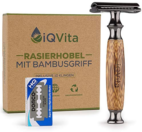 iQVita® Premium Rasierhobel mit Griff aus Bambus - inkl. 10 Rasierklingen - für Damen und Herren – Nassrasierer - geschlossener Kamm - Umweltfreundlich & Nachhaltig - Zero Waste - inkl. eBook