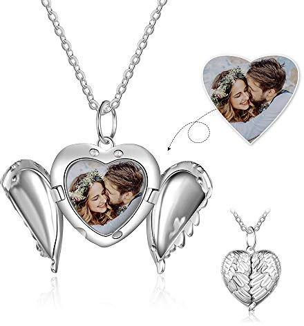 Personalisiert Sterling Silber Medaillon Halskette Engel Flügel Angepasst Foto Herz Anhänger Halsketten zum Frauen Mädchen Charme Schmuck Geschenk Bild Gravur Text Andenken Vorhanden Kette von 18 Zoll
