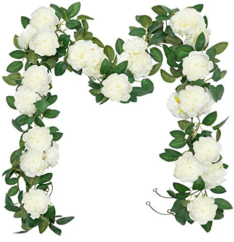 SHACOS Künstliche Blumen, 3 Stück, 6 m / 19,6 Füße, Weiß, künstliche Pfingstrose, Seidengirlande, zum Aufhängen, für Dekoration von Hochzeit, Party, Garten