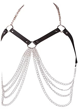 Damen Punk Taillengürtel Leder Schwarz Gothic Gürtel Körperketten Geschichtet Taillenkette Brust Kette BH Gürtel Einstellbar Nachtclub Körperschmuck Halsband Körperzubehör für Frauen Halloween Kostüm