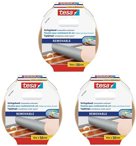 tesa Verlegeband rückstandsfrei entfernbar - Gewebeverstärktes, doppelseitiges Klebeband zum Verkleben von Teppich- und PVC-Bodenbelägen - 10 m x 50 mm, 3er Pack