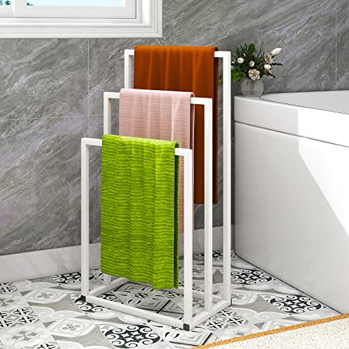 Freestanding Towel Racks with 3 Towel Stands Rail for Bathroom Accessories Organizer, Towel Holder, Bath & Hand Towels Storage, White